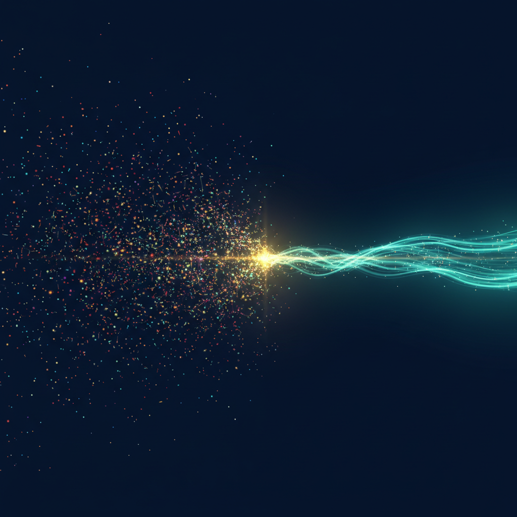 Scattered colorful data particles converging into one unified teal stream, representing how a custom channel grouping organizes AI traffic into one visible row