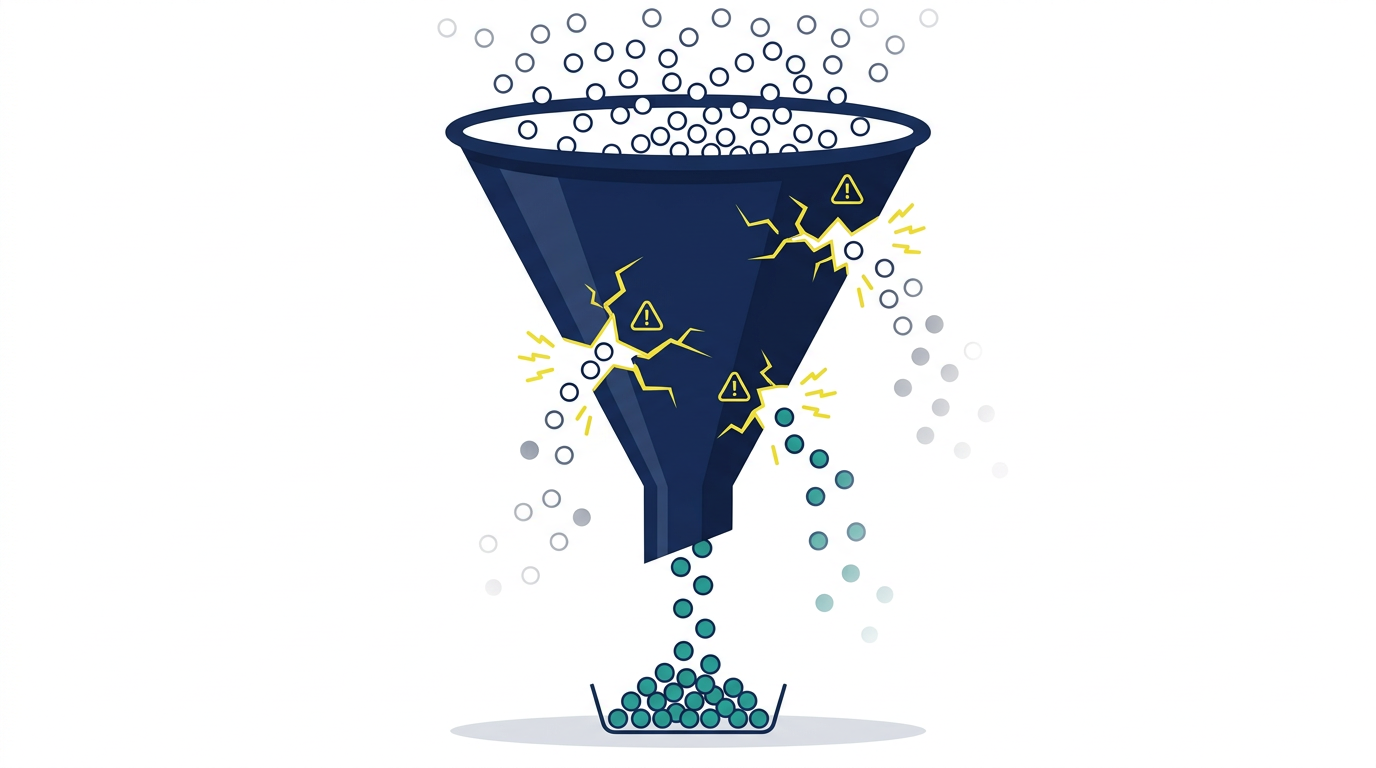 Data collection funnel with cracks showing how tracking data gets lost