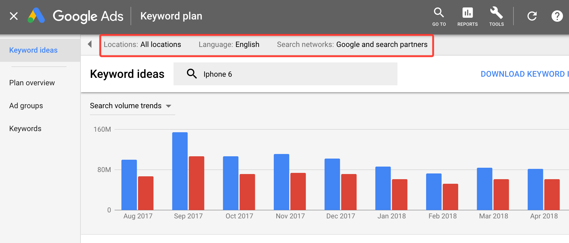 Google Keyword Planner settings