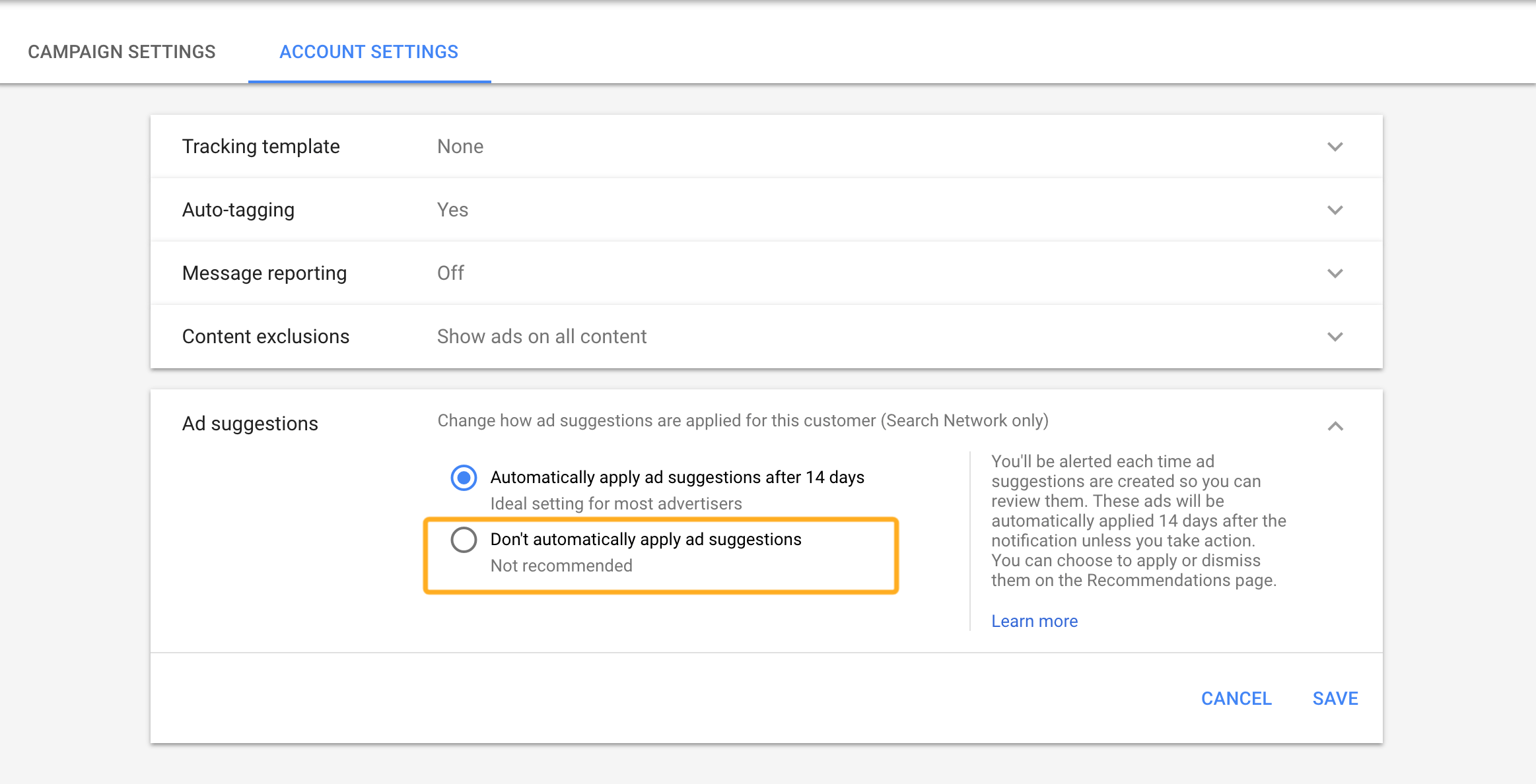 Ad Suggestions settings