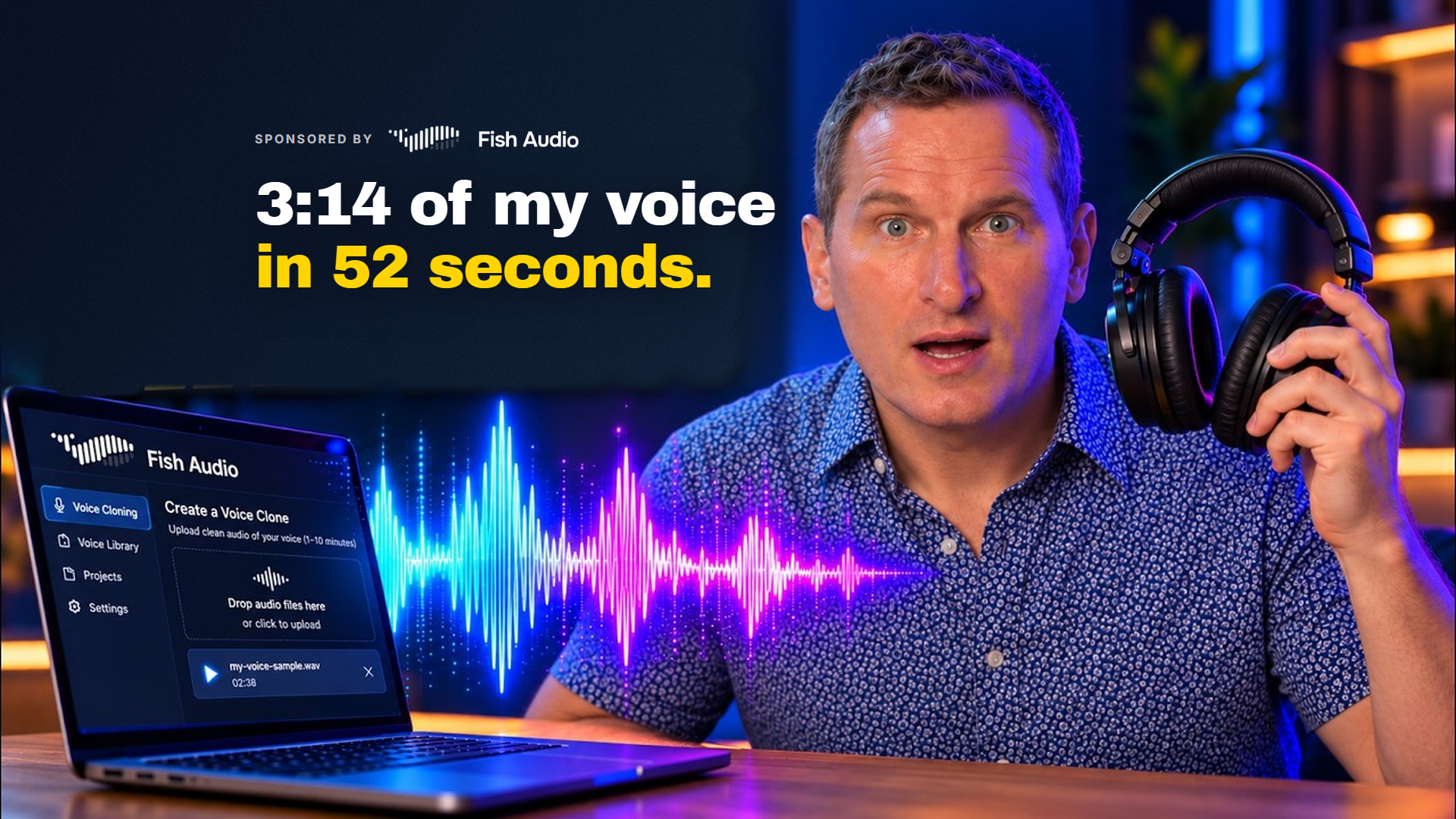 Jeff Sauer with headphones next to the Fish Audio voice clone app, sponsored by Fish Audio