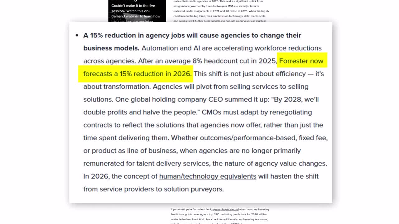 Forrester report: A 15% reduction in agency jobs will cause agencies to change their business models, pivoting from selling services to selling solutions