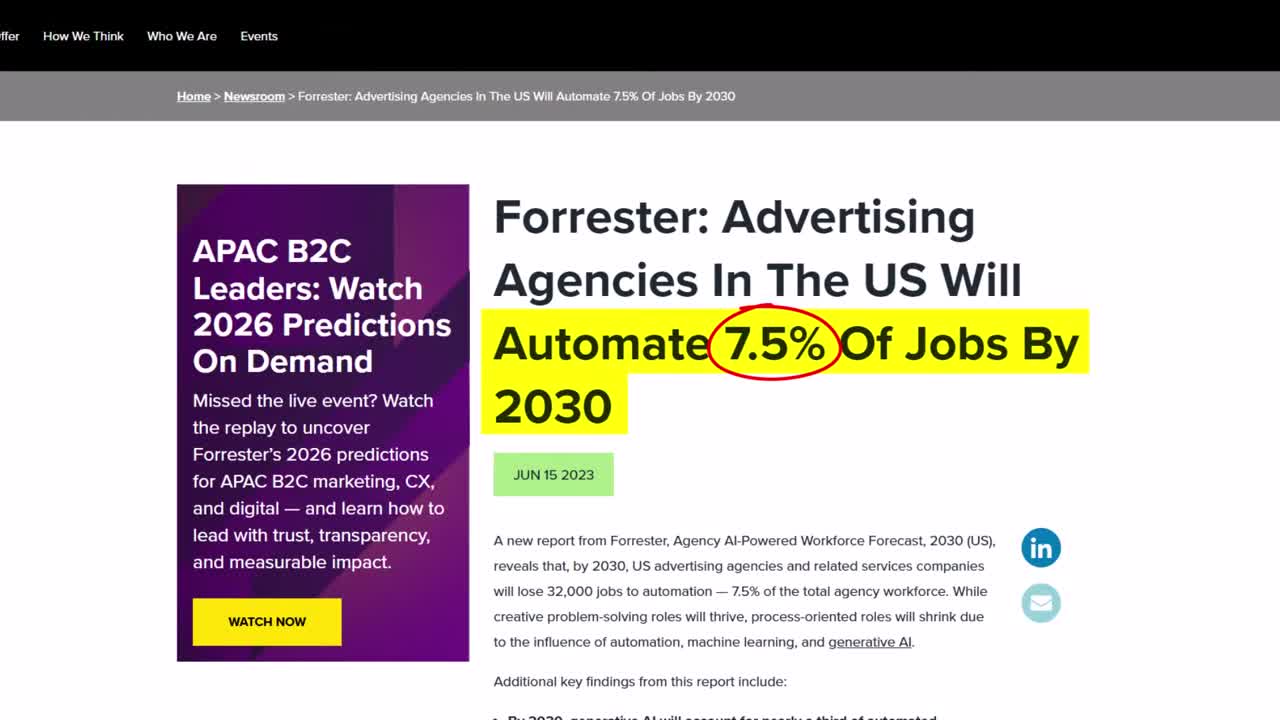 Forrester report headline: Advertising Agencies In The US Will Automate 7.5 Percent Of Jobs By 2030, with key statistic highlighted