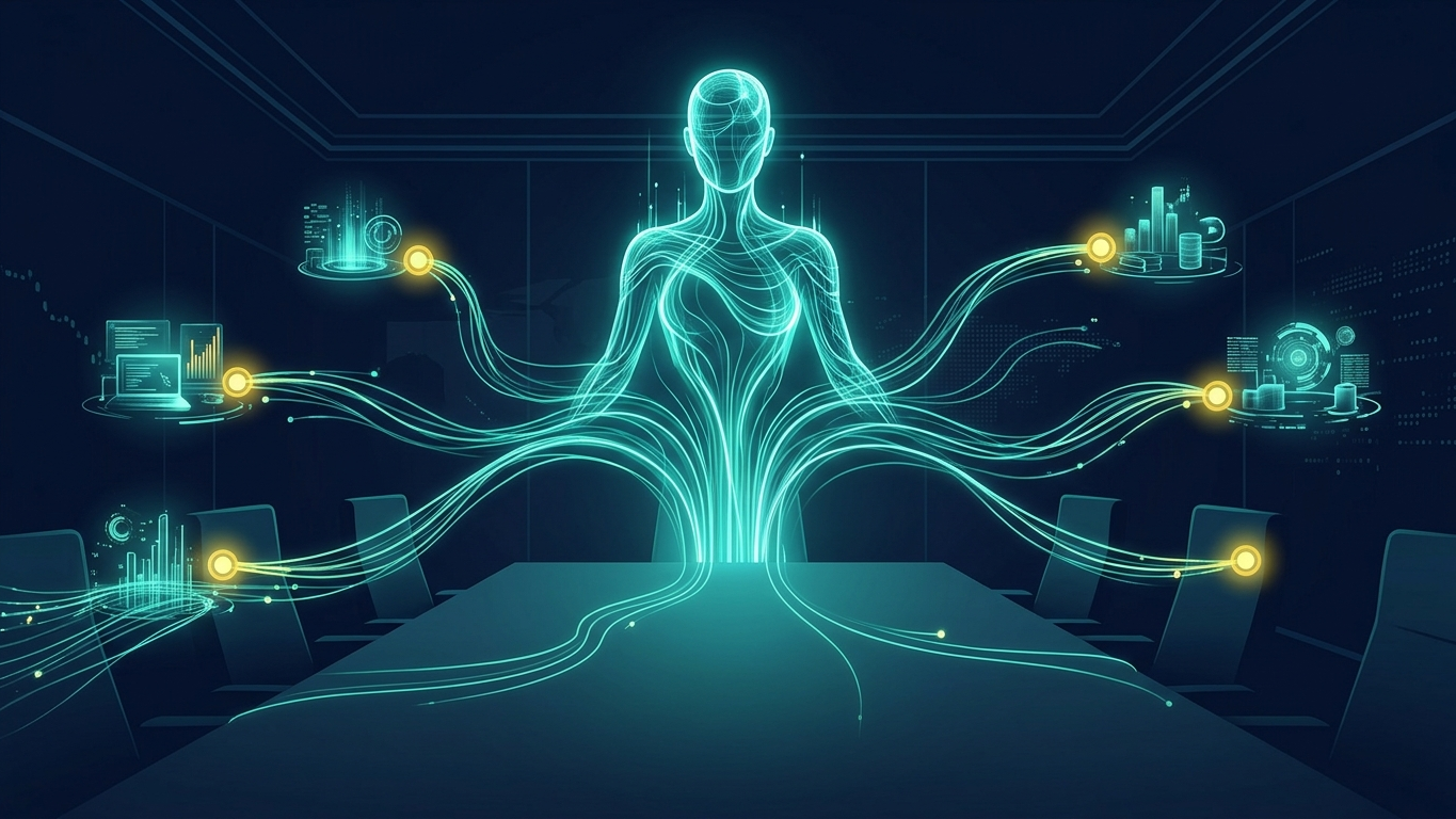 Abstract glowing figure at boardroom table connected to departments representing a fractional AI officer