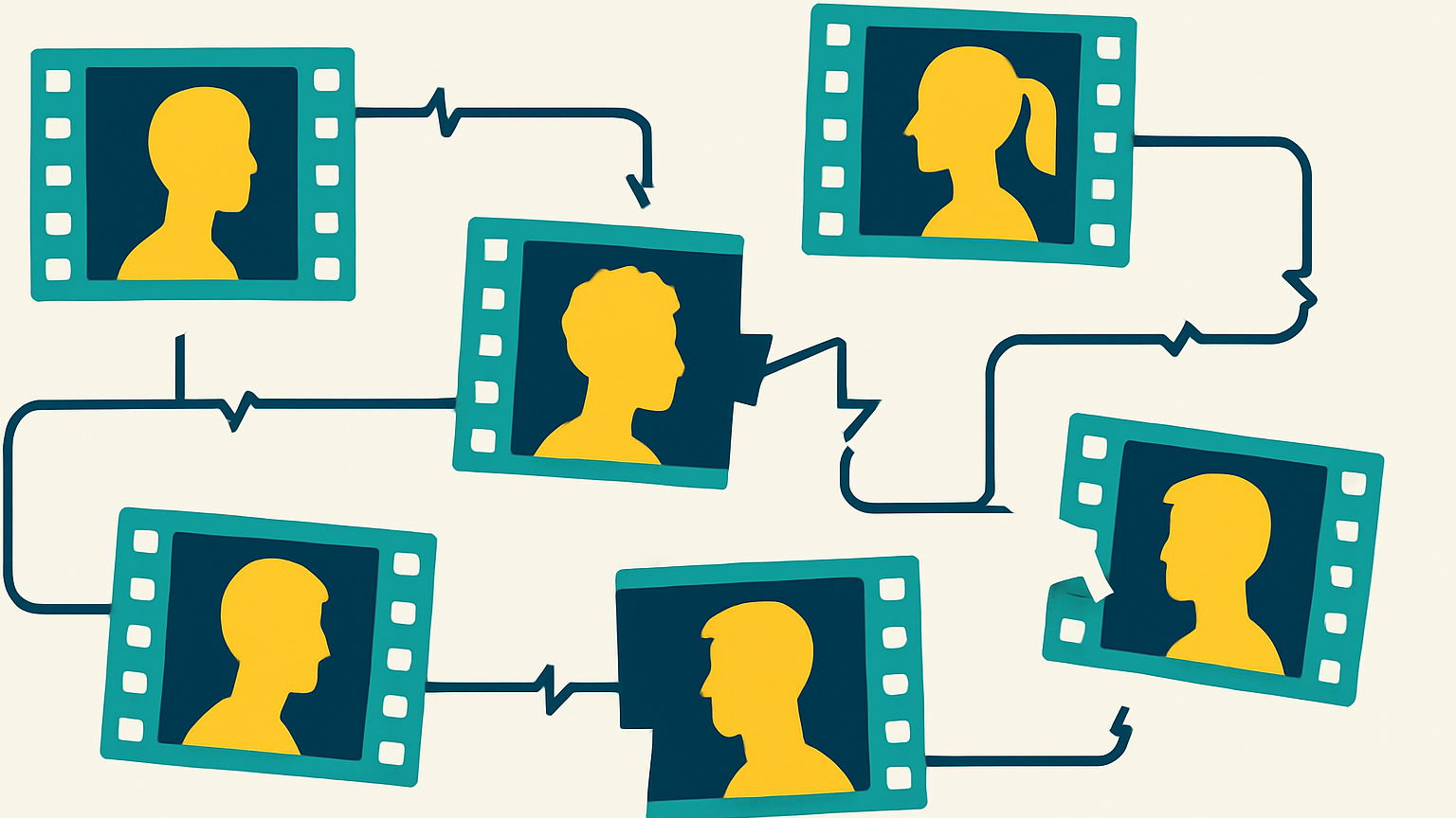 Diagram of a fragmented AI video workflow with disconnected clips each showing a different, inconsistent character