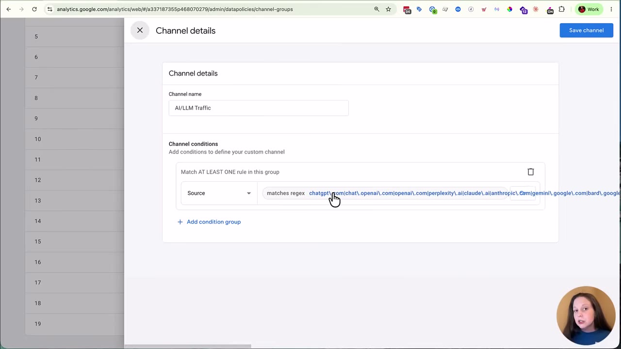 GA4 custom channel group setup showing AI and LLM channel conditions