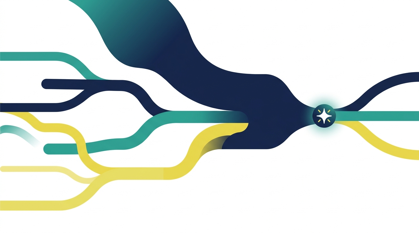 Data visualization showing marketing channels converging at a conversion point with one dark path absorbing most attribution credit