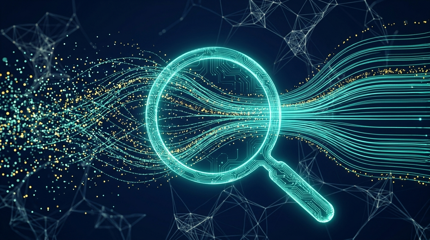 Abstract visualization of AI-powered analytics auditing with magnifying glass scanning data