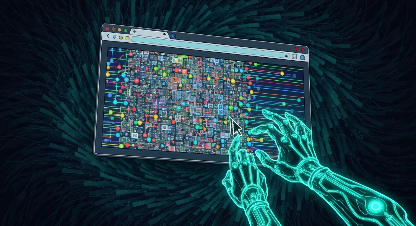 Abstract concept of AI navigating a browser interface with flowing data elements