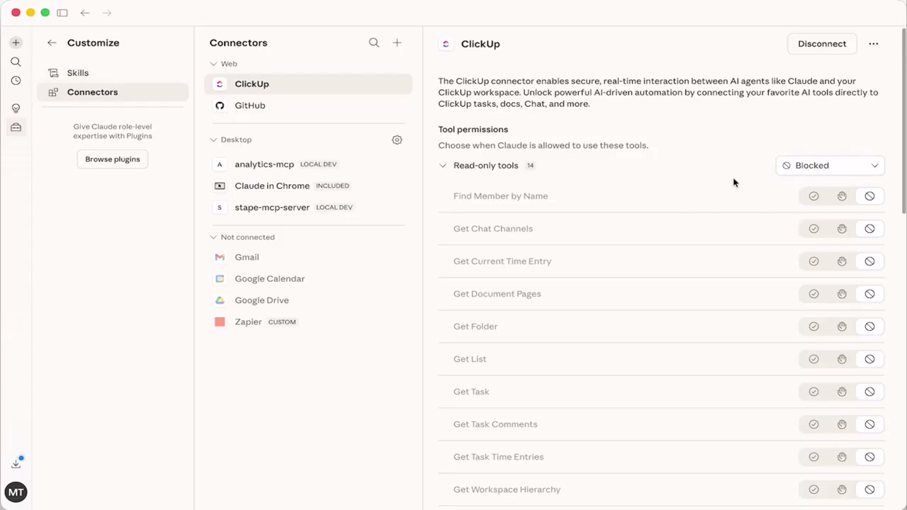 Claude Cowork Connectors panel showing analytics-mcp, Claude in Chrome, and stape-mcp-server integrations