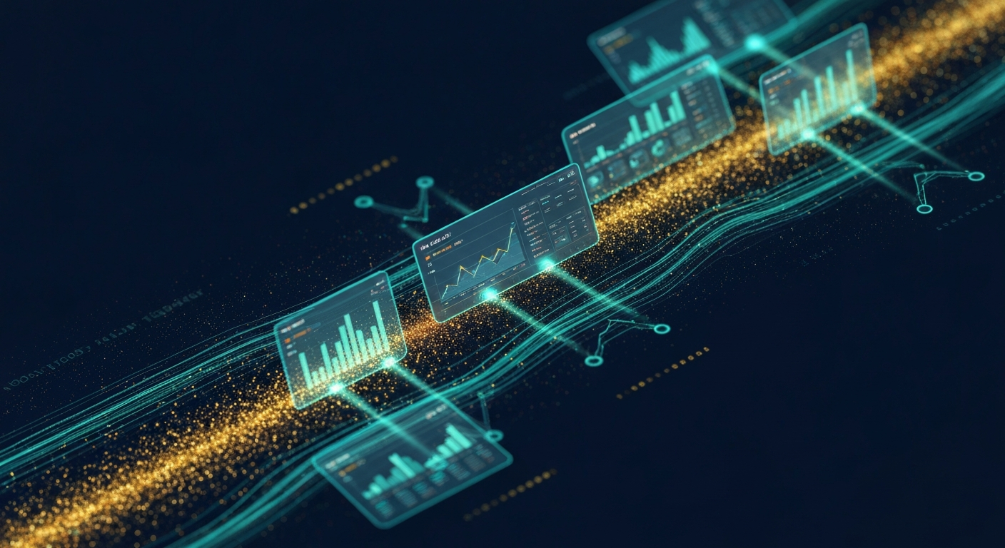 Abstract visualization of AI-powered analytics auditing with teal data streams and golden particle accents