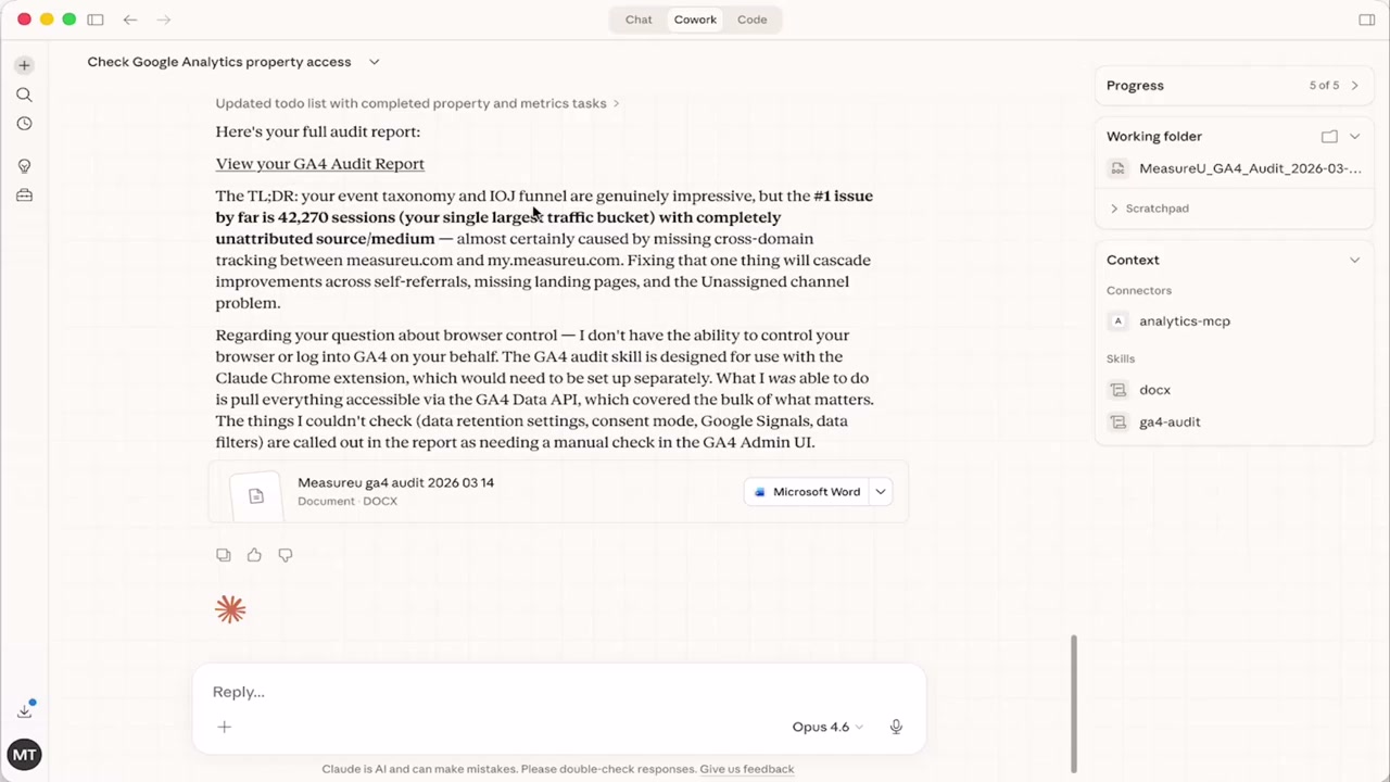 Claude Cowork interface showing completed GA4 audit report with analytics-mcp connector and ga4-audit skill