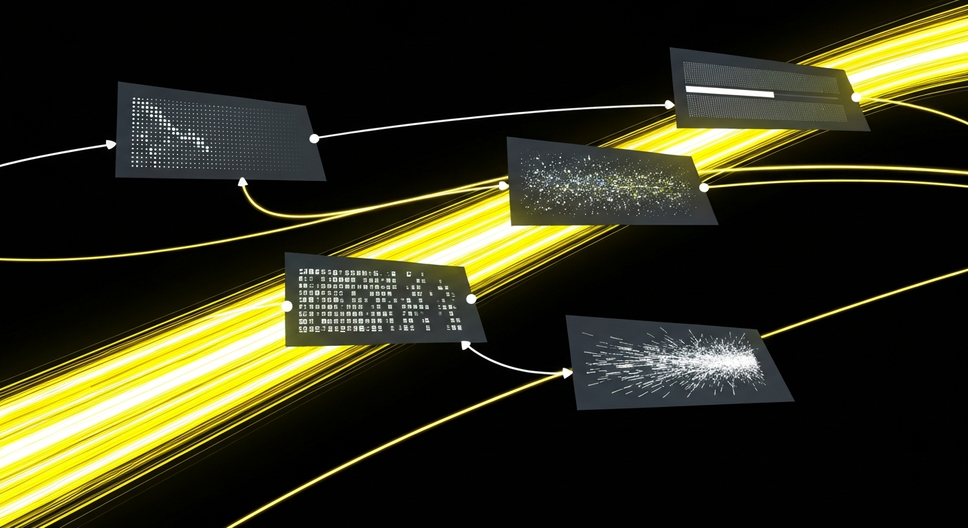 Abstract three-step AI workflow process with connected nodes and data streams