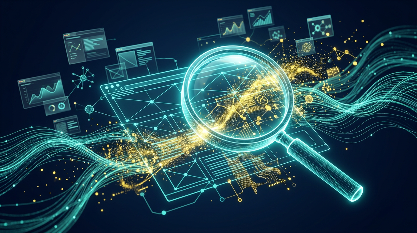 Abstract digital art of website auditing with magnifying glass and data streams