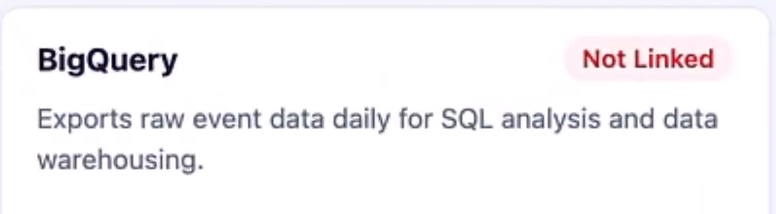 GA4 audit report flagging BigQuery as Not Linked, with a note that it exports raw event data daily for SQL analysis and data warehousing