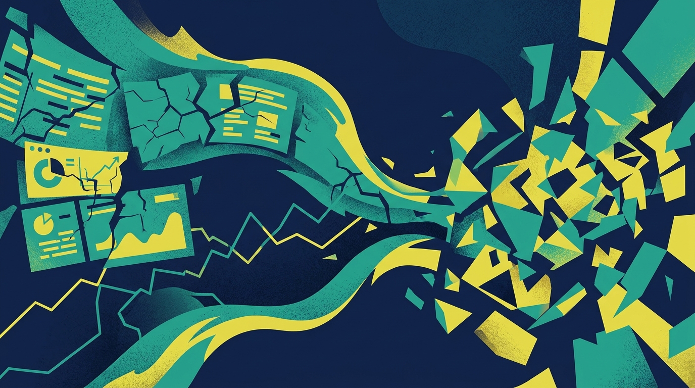 Abstract art showing fragmented analytics dashboards and broken data streams in navy teal and yellow
