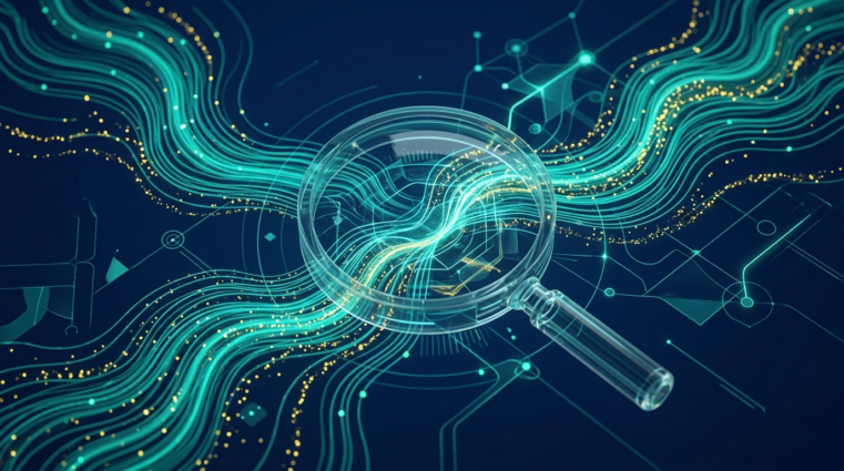 Abstract digital art showing data streams being revealed by a magnifying glass