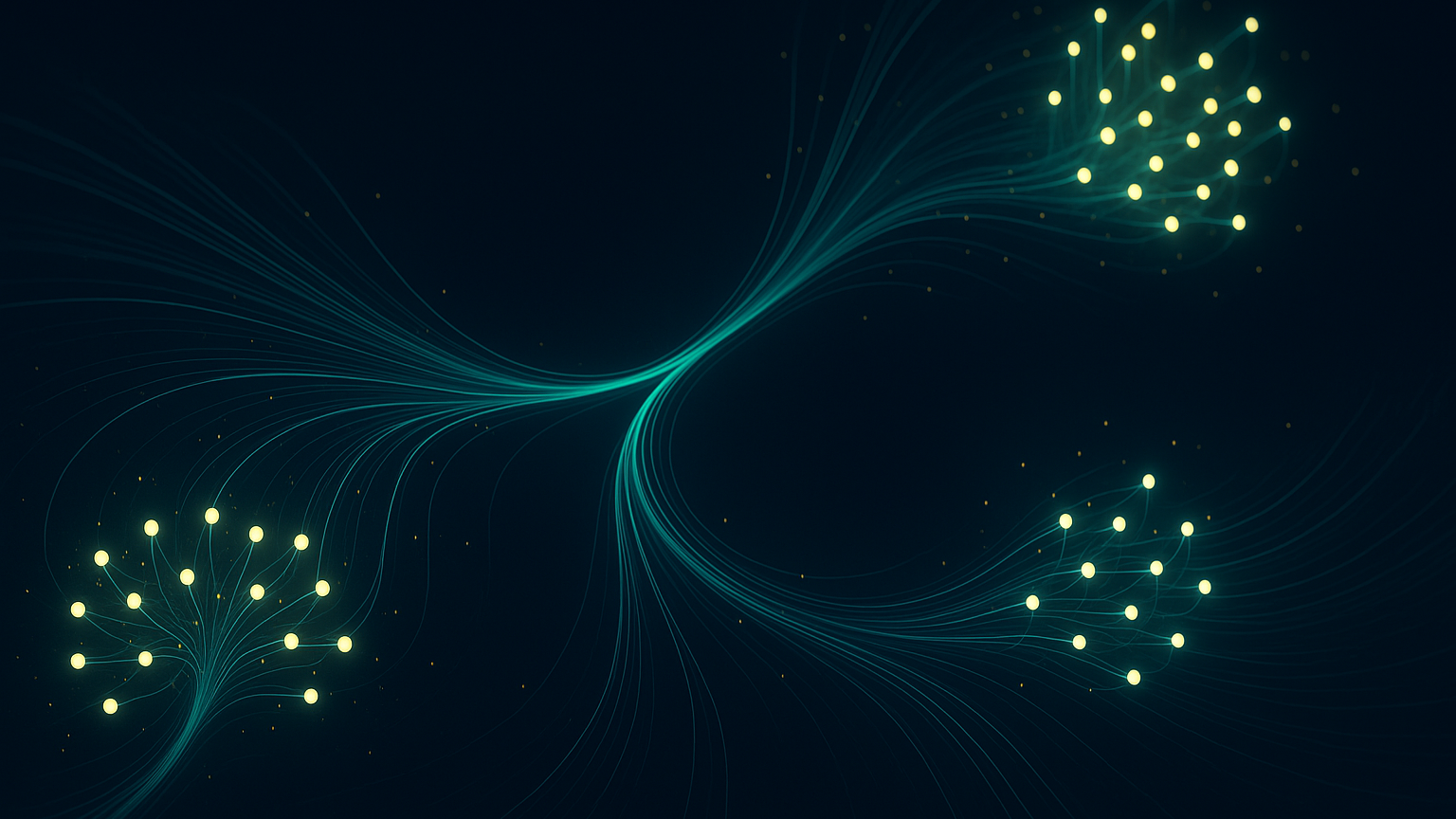 Abstract data streams branching into three clusters of glowing nodes, representing GA4 event types