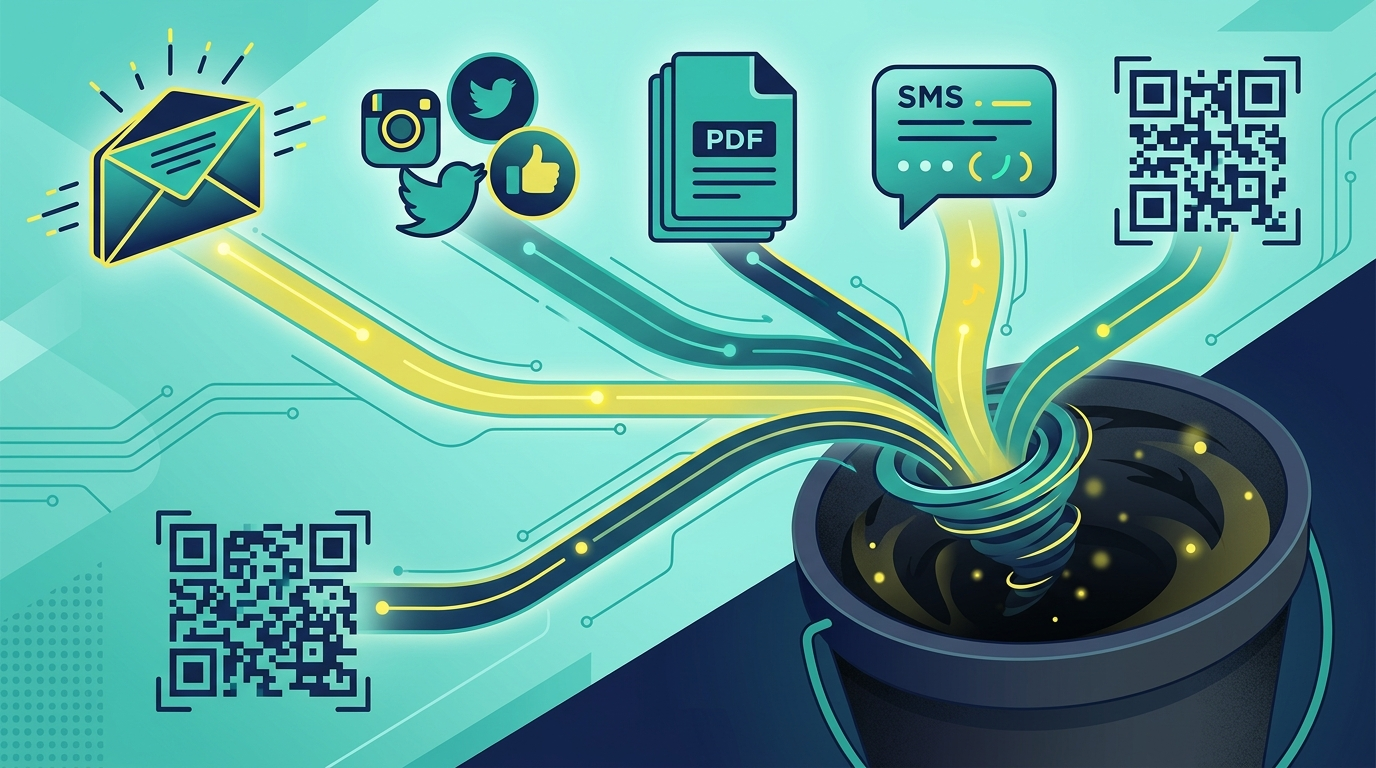 Illustration showing email, social media, PDF, SMS, and QR code traffic all funneling into a dark bucket representing Direct traffic