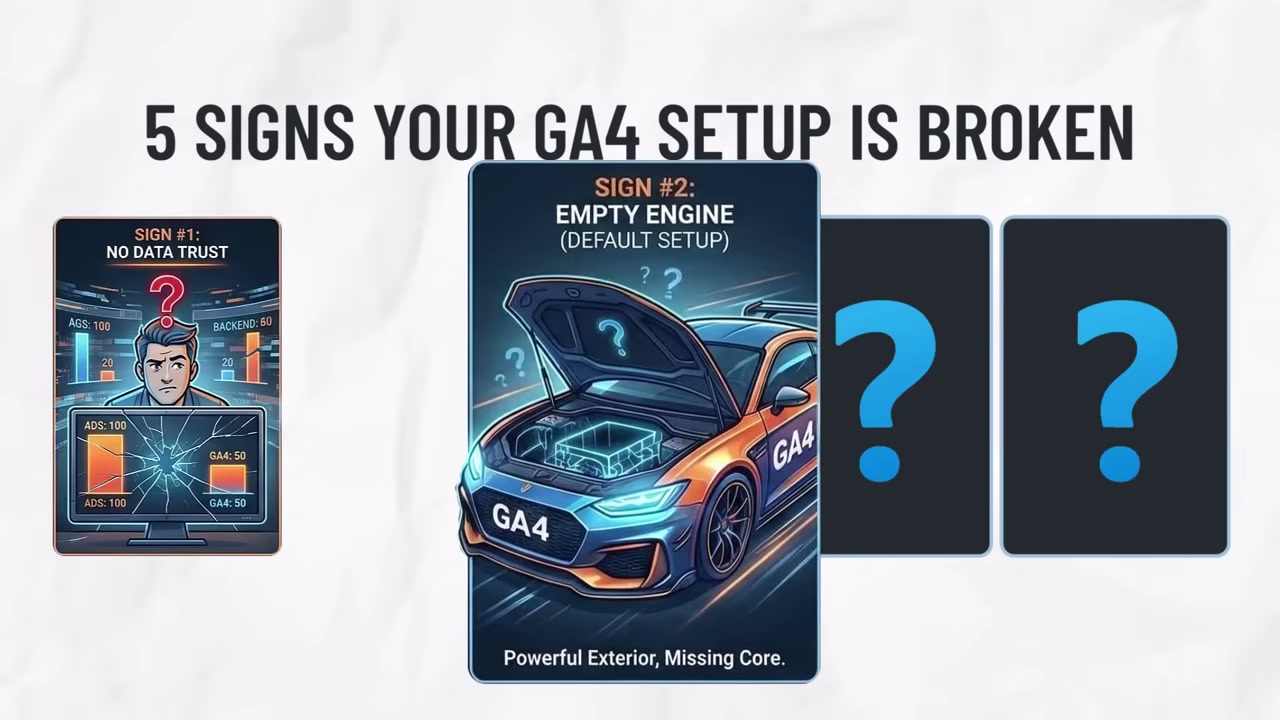 Five signs your GA4 setup is broken infographic showing Sign 1 No Data Trust and Sign 2 Empty Engine Default Setup cards