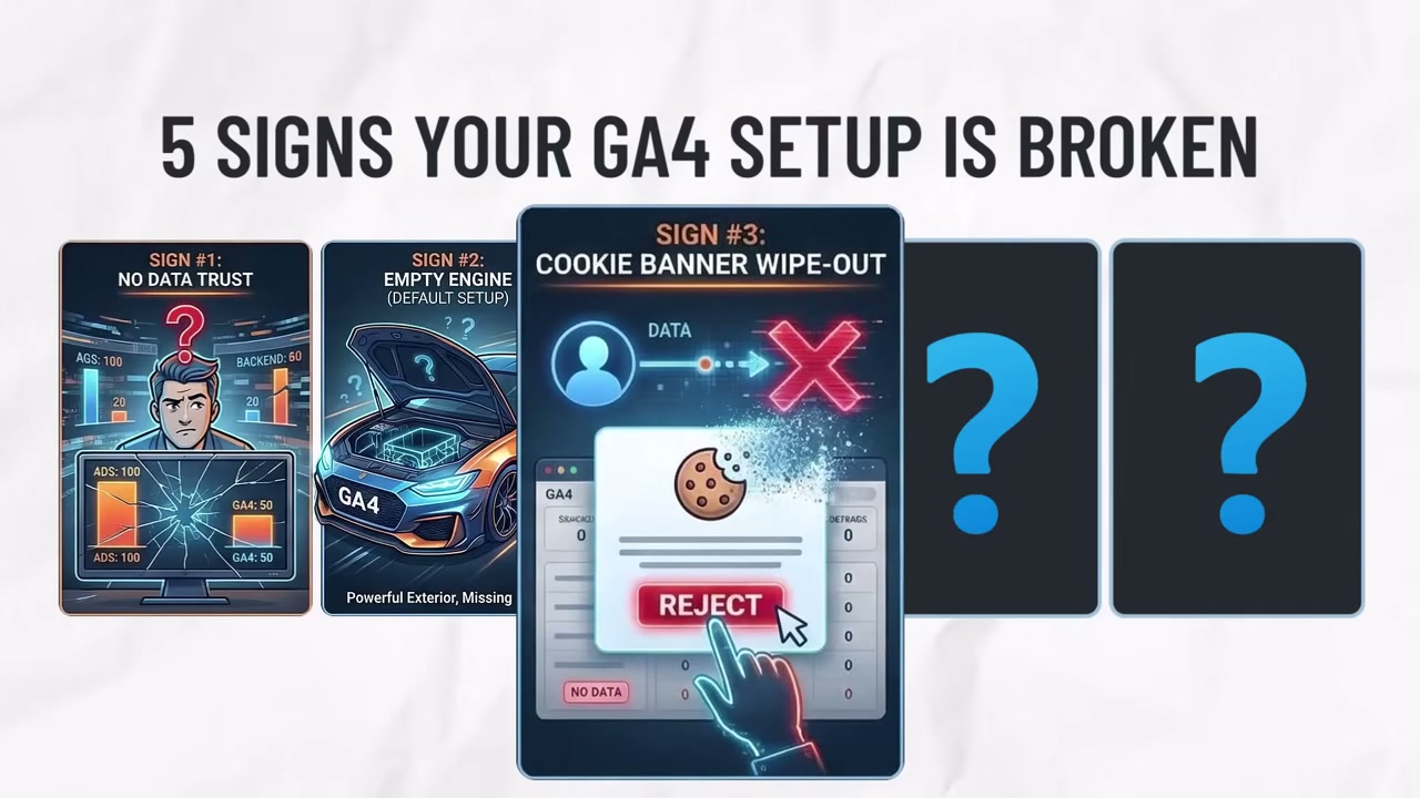 Five signs your GA4 setup is broken infographic showing Sign 3 Cookie Banner Wipe Out with reject button and data flow illustration