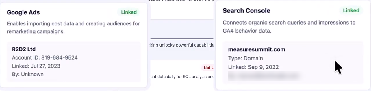 GA4 audit report product links section showing Google Ads and Search Console both marked as Linked, with account and property details