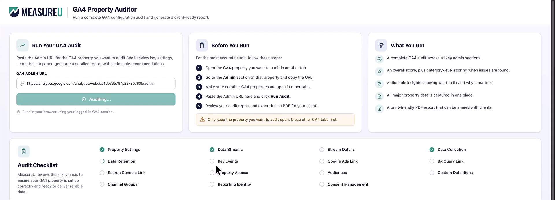 MeasureU GA4 Property Auditor tool showing the Run Your GA4 Audit form, the Before You Run steps, What You Get, and the 16-point audit checklist