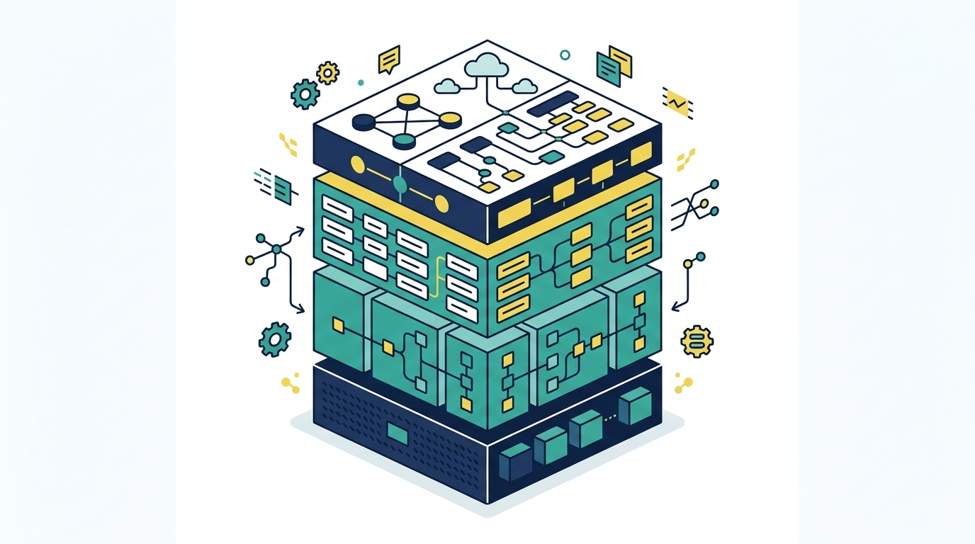 Layered building blocks representing a well-structured GA4 property with custom dimensions, channel groups, and event naming