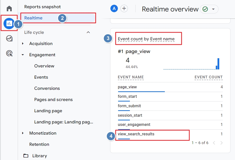 ga4 real time report view search results