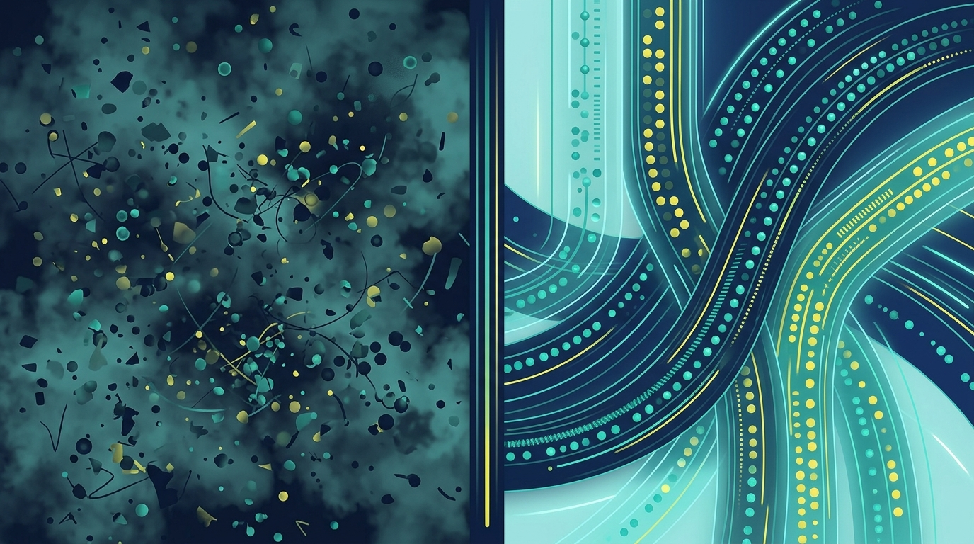 Split-screen comparison showing chaotic unorganized data on the left versus clean organized traffic channels on the right