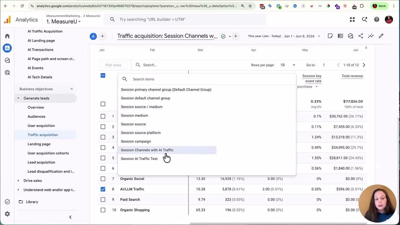 GA4 Traffic Acquisition report with the channel group dropdown open