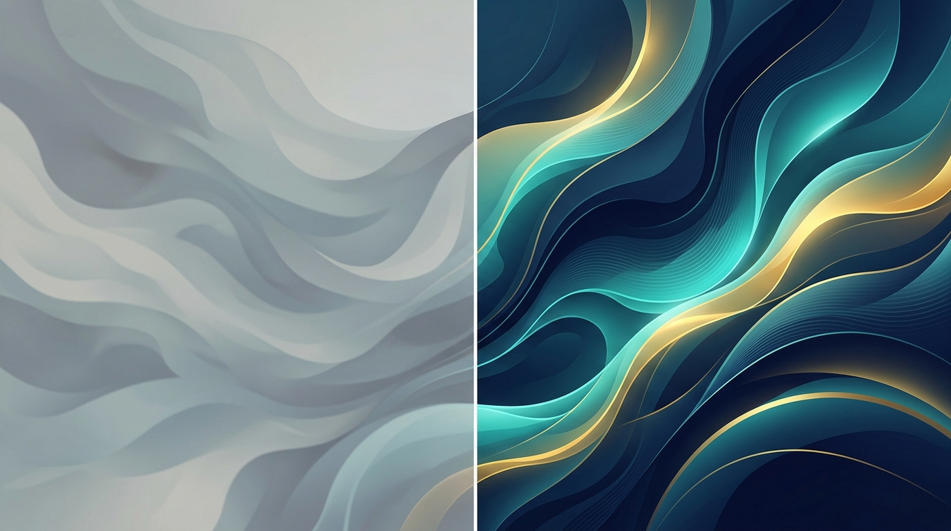 Split-panel abstract illustration contrasting muted generic AI output on the left with vibrant trained AI output on the right