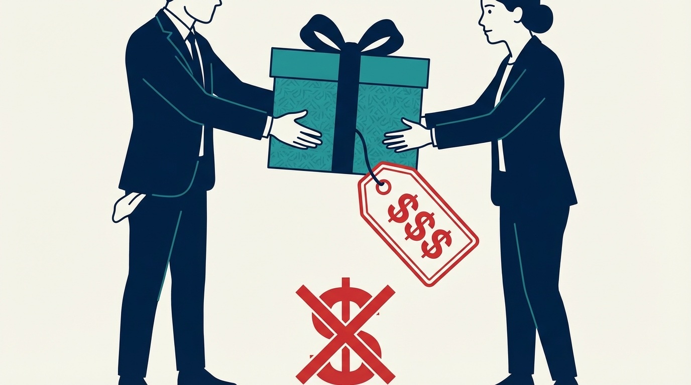 Business person giving away a valuable gift box for free with an empty wallet