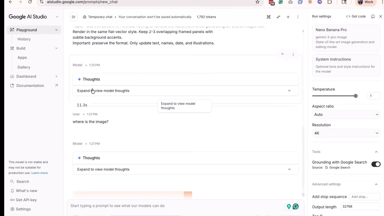 The Google AI Studio Playground with model, prompt, and aspect-ratio settings