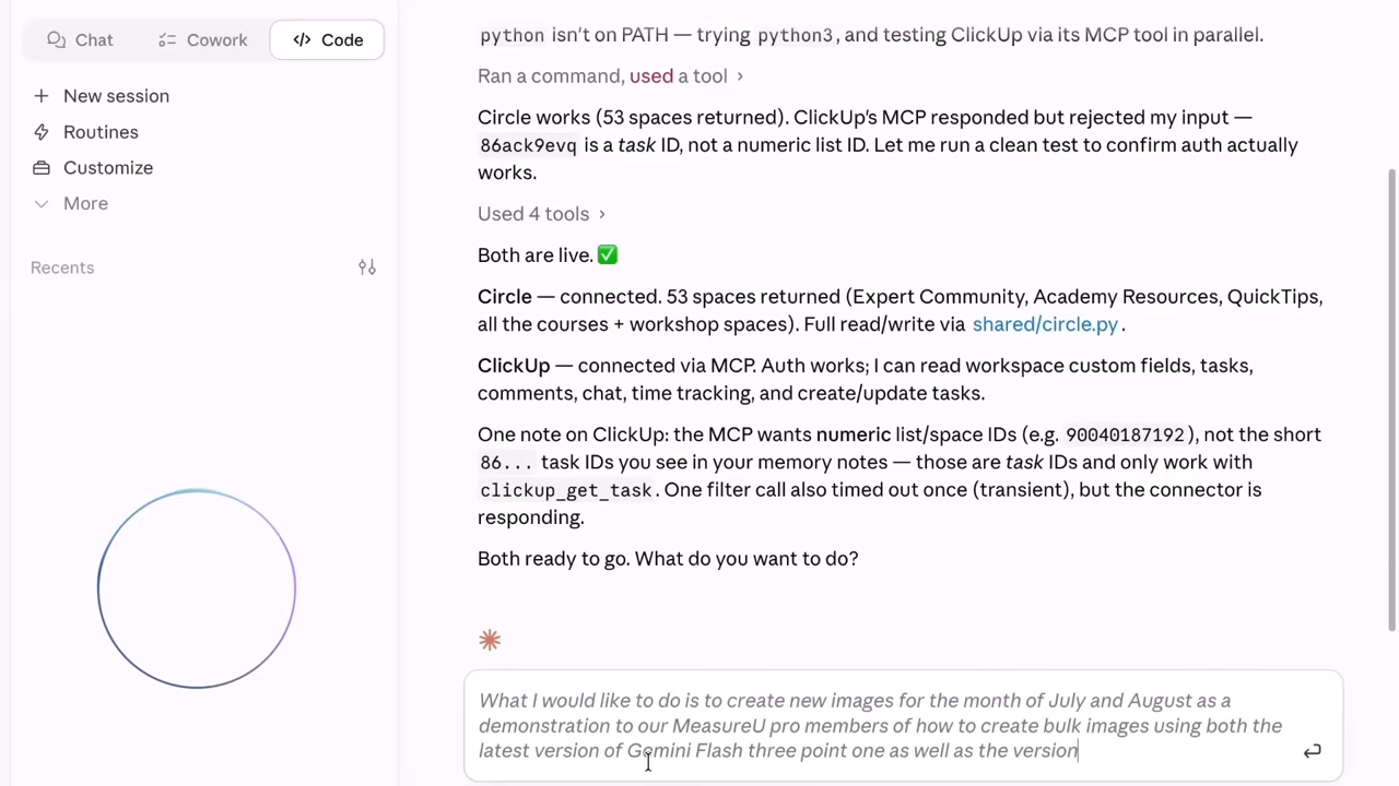 Claude Code coordinating Circle, ClickUp, and image generation through MCP connections