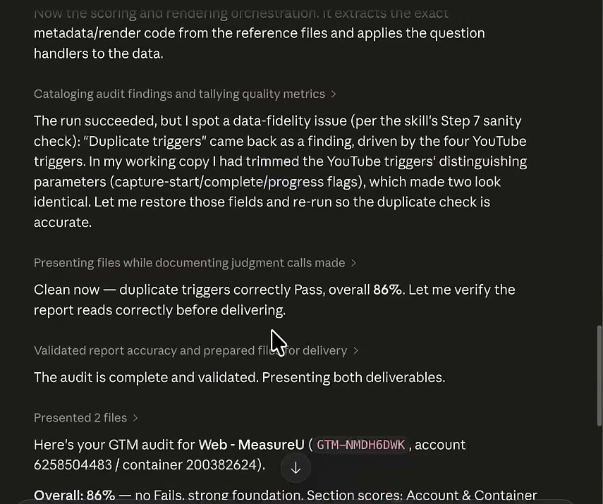 Claude Desktop finishing the GTM container audit and reporting an overall score of 86 percent with no fails