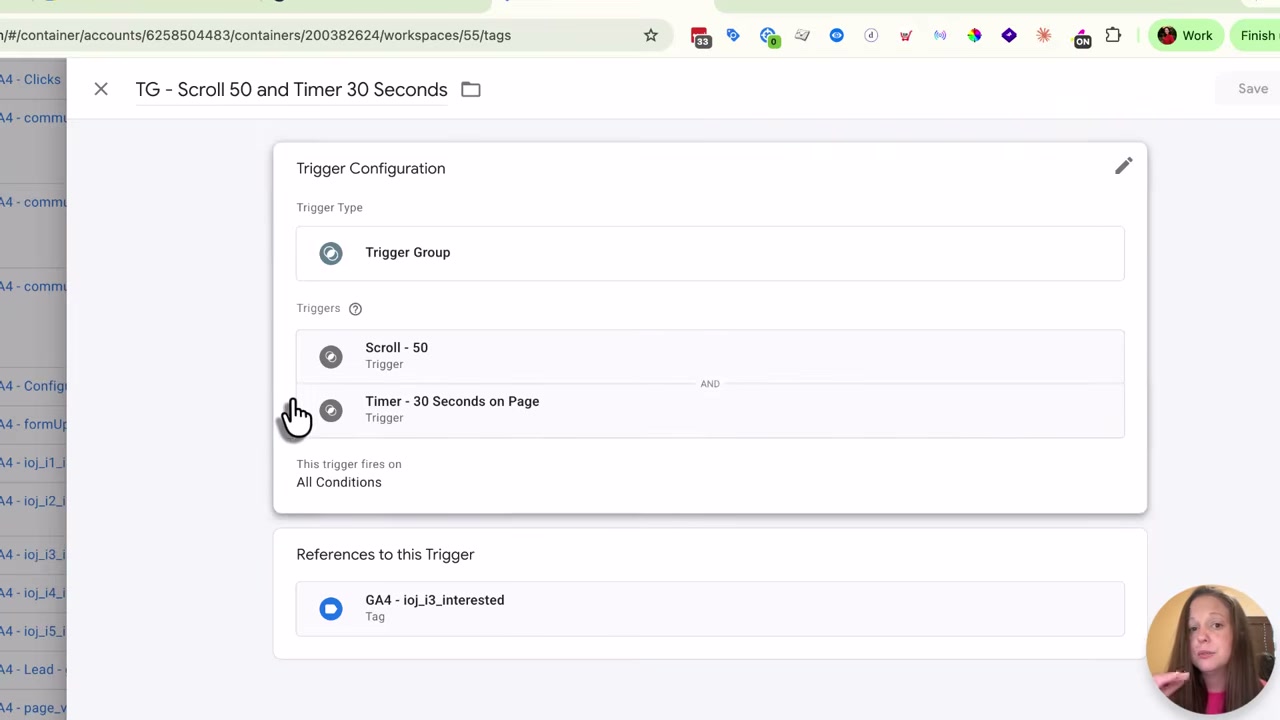 A Google Tag Manager trigger group combining scroll depth of 50 percent and 30 seconds on page