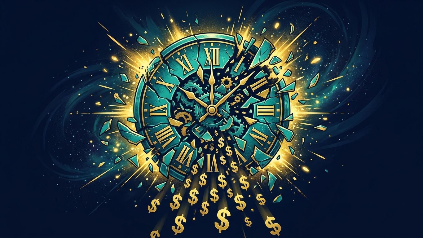 Shattering clock face with dollar signs representing the hourly billing trap for AI consultants
