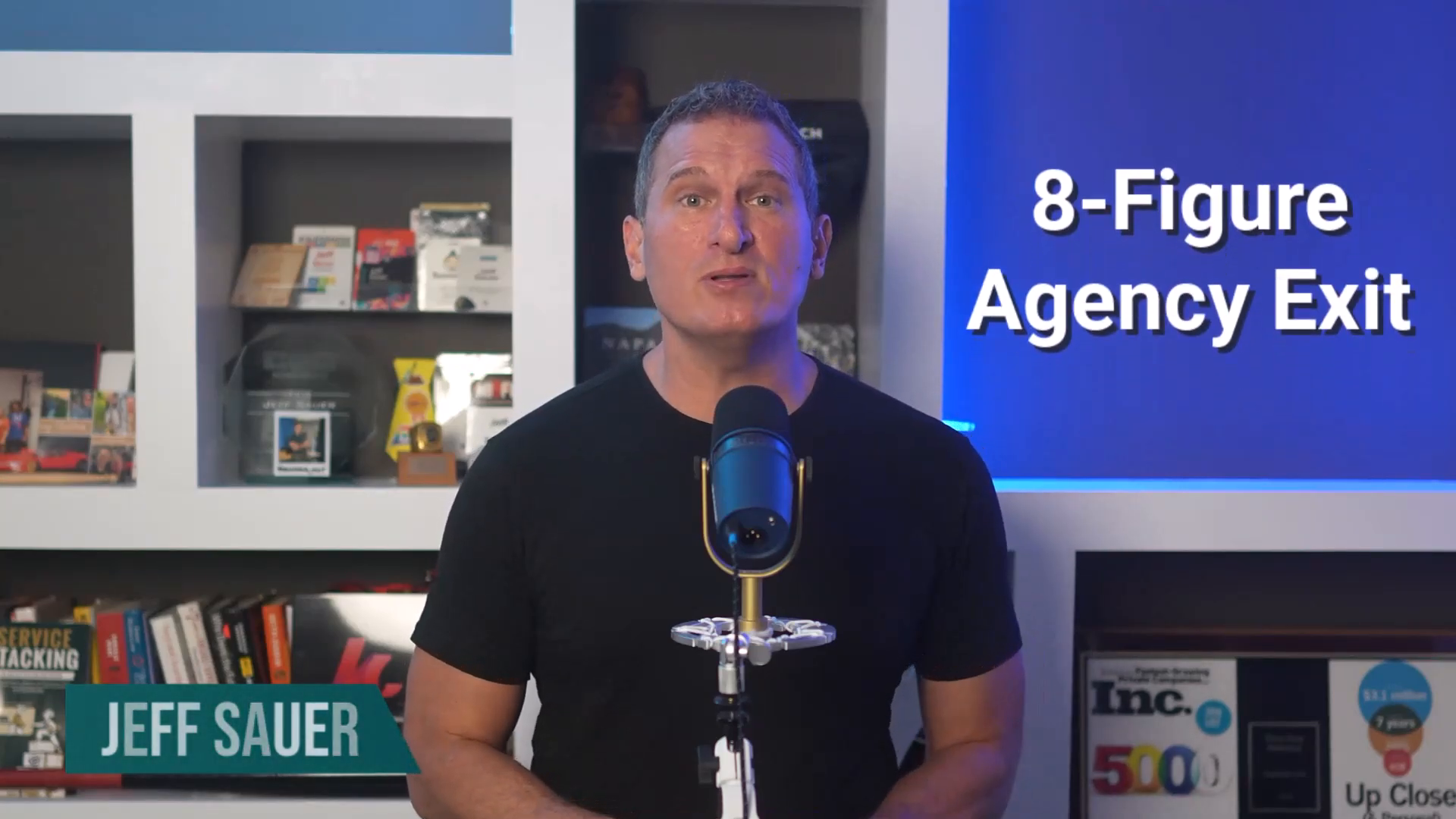 Jeff Sauer on camera with an on-screen graphic reading 8-Figure Agency Exit
