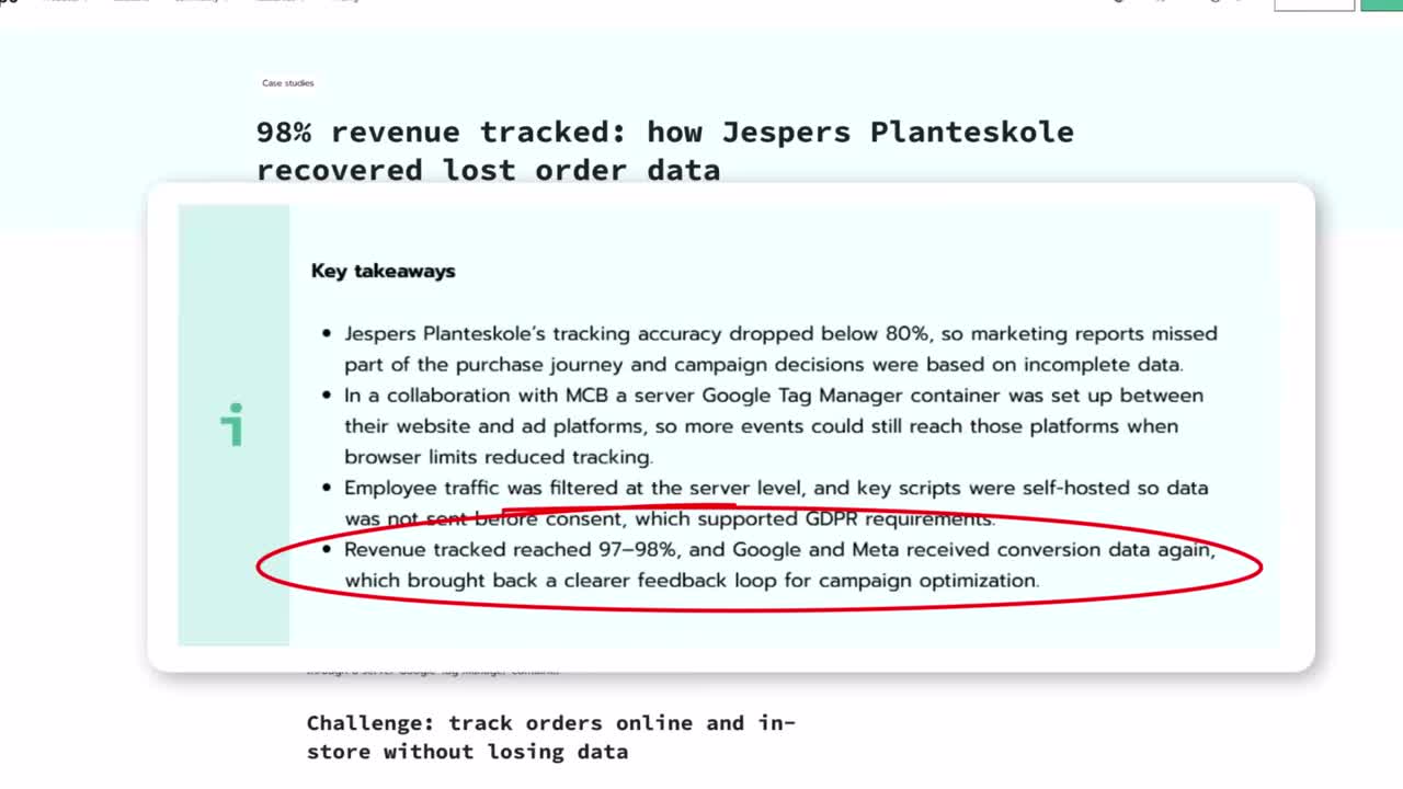 Jespers Planteskole case study showing tracking accuracy improving from below 80 percent to 97-98 percent with server-side implementation