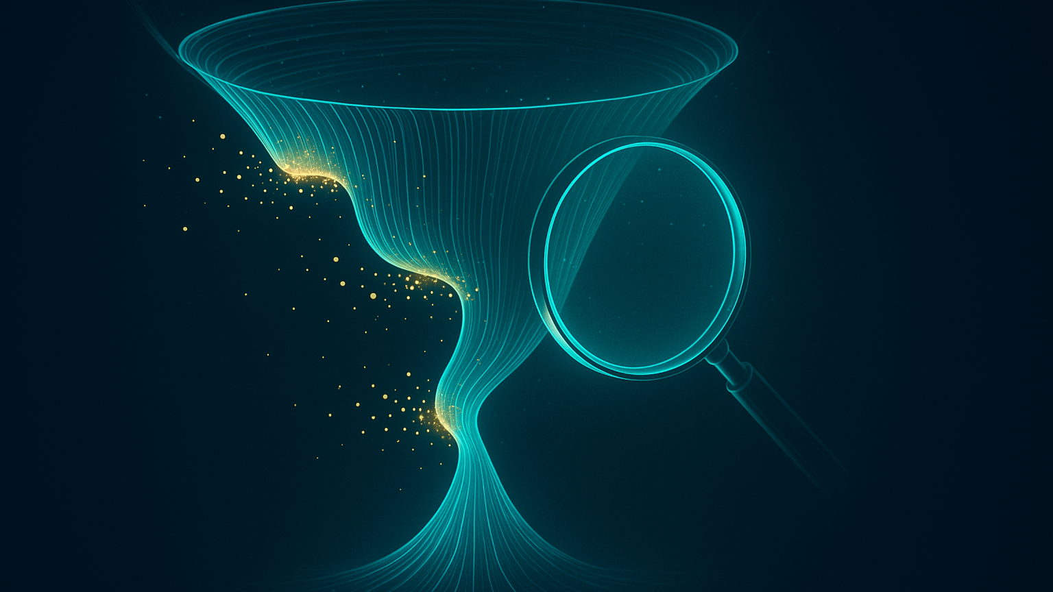 Abstract funnel losing visitors with a magnifier examining the drop-off points