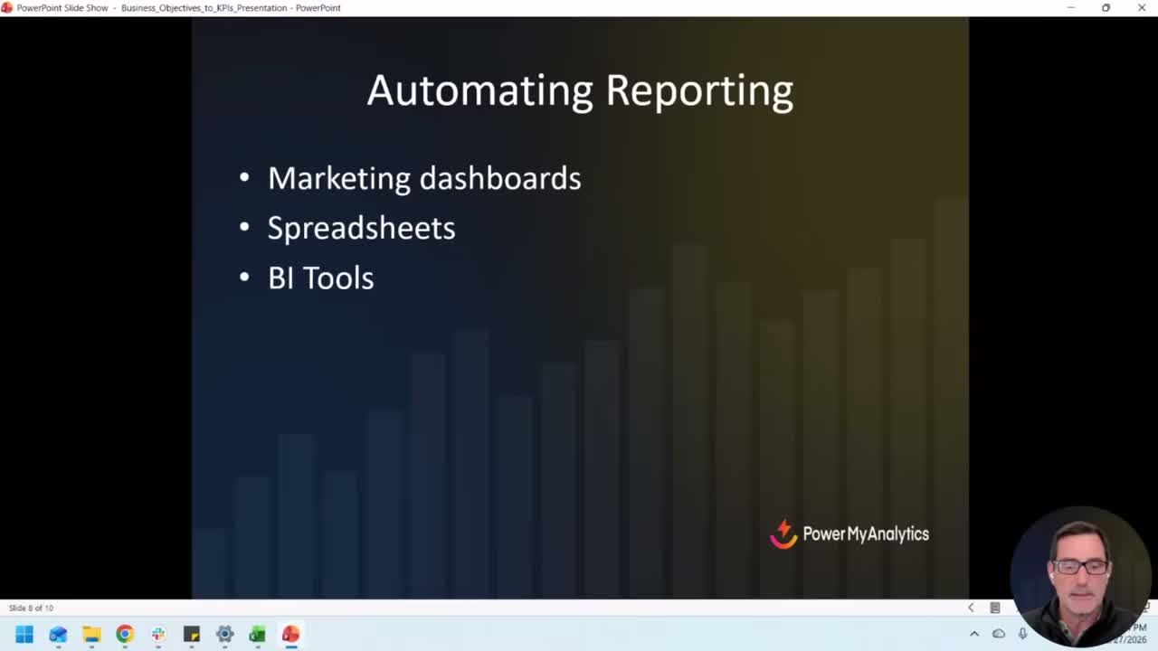 Presentation slide showing Automating Reporting options: Marketing dashboards, Spreadsheets, BI Tools