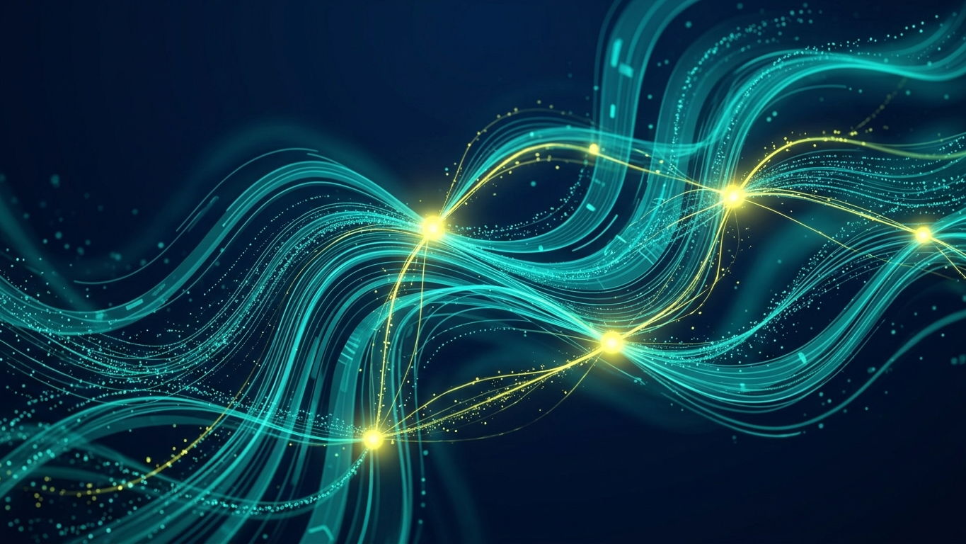 Abstract digital art of flowing teal data streams on navy background representing dashboard analytics