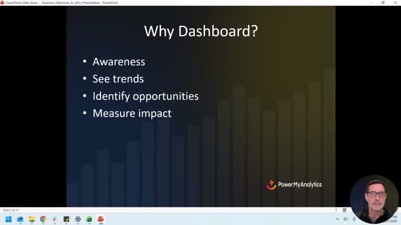 Presentation slide showing The Process: Identify business objectives for reporting with business types mapped to KPI types