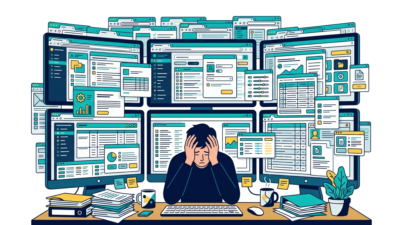 Illustration showing the tedious process of manually auditing GA4 by clicking through endless screens