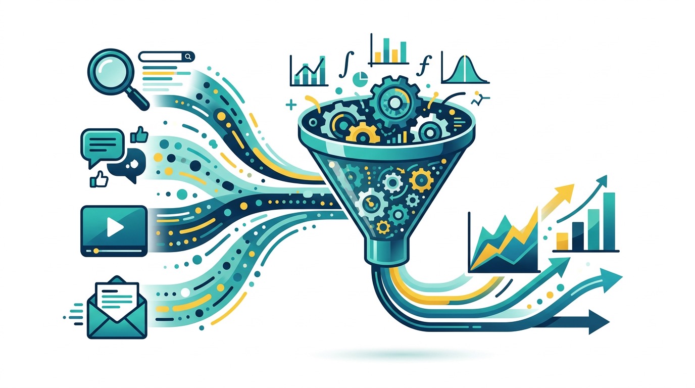 Marketing Mix Modeling illustration showing channels flowing into a statistical model
