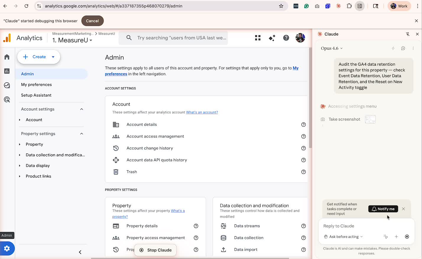 Claude Chrome extension auditing GA4 data retention settings in the Google Analytics Admin panel