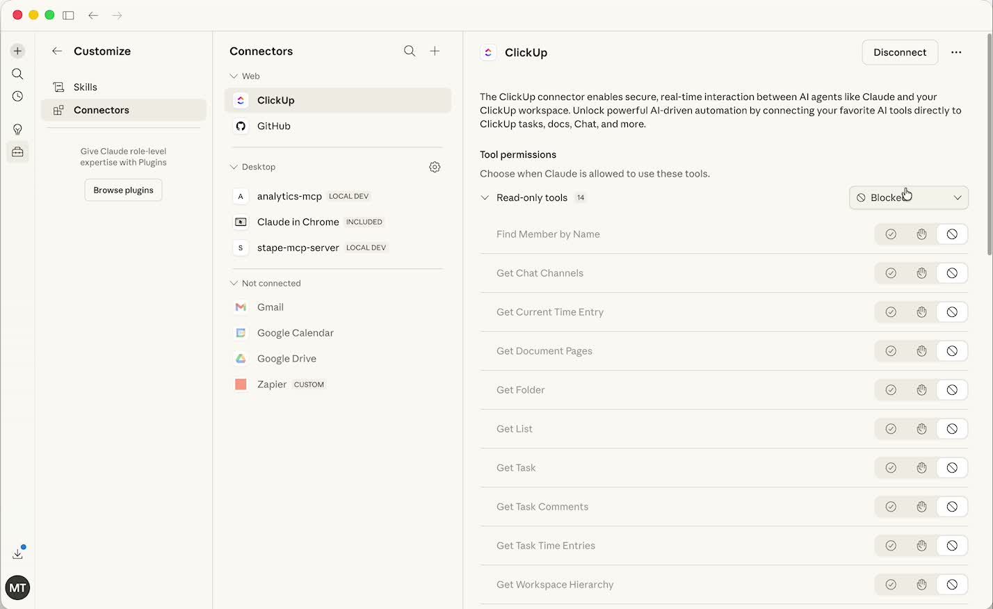 Claude Connectors panel showing analytics-mcp and stape-mcp-server installed for GA4 and server-side auditing