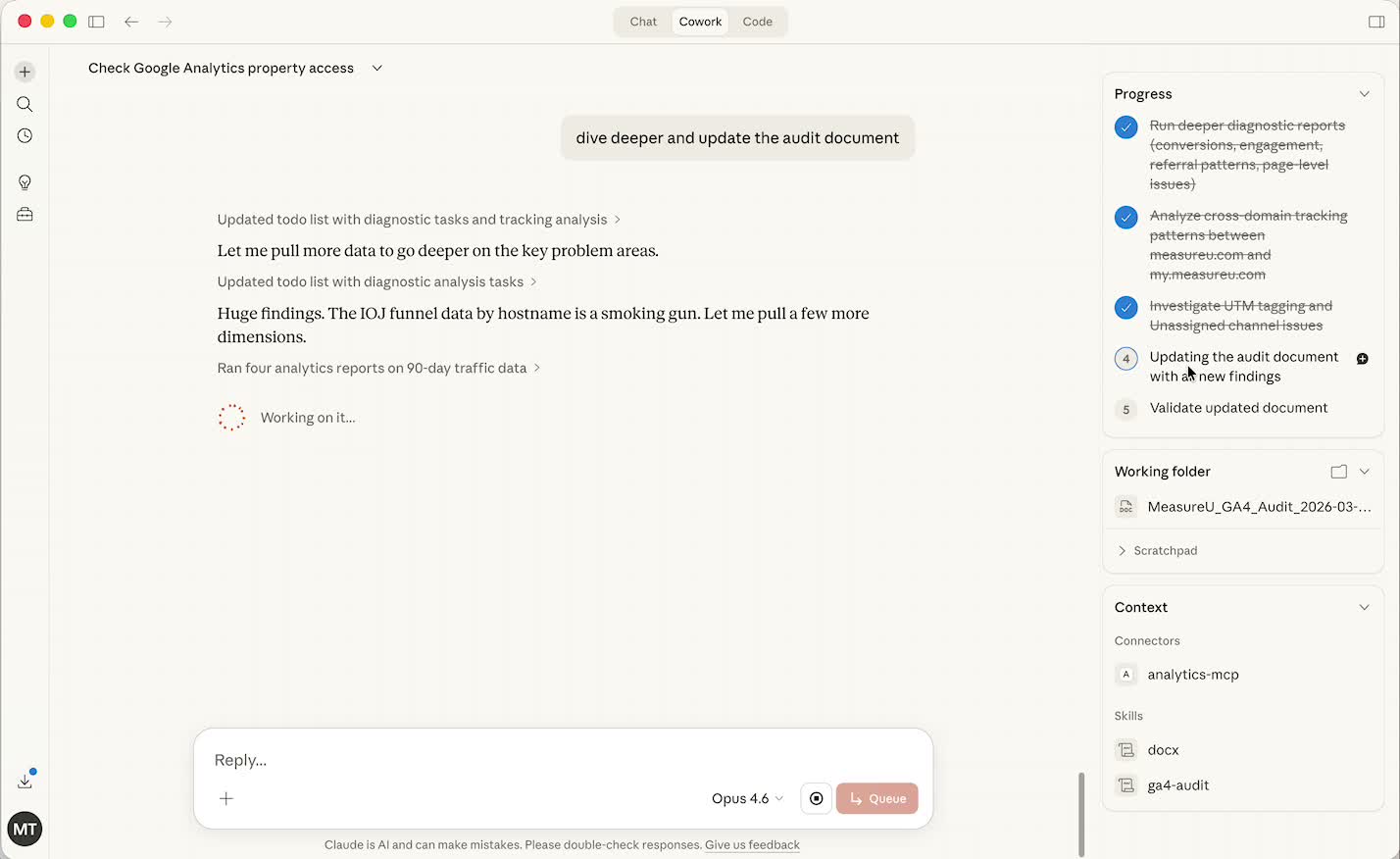 Claude diving deeper into cross-domain tracking and UTM tagging issues with updated progress checklist