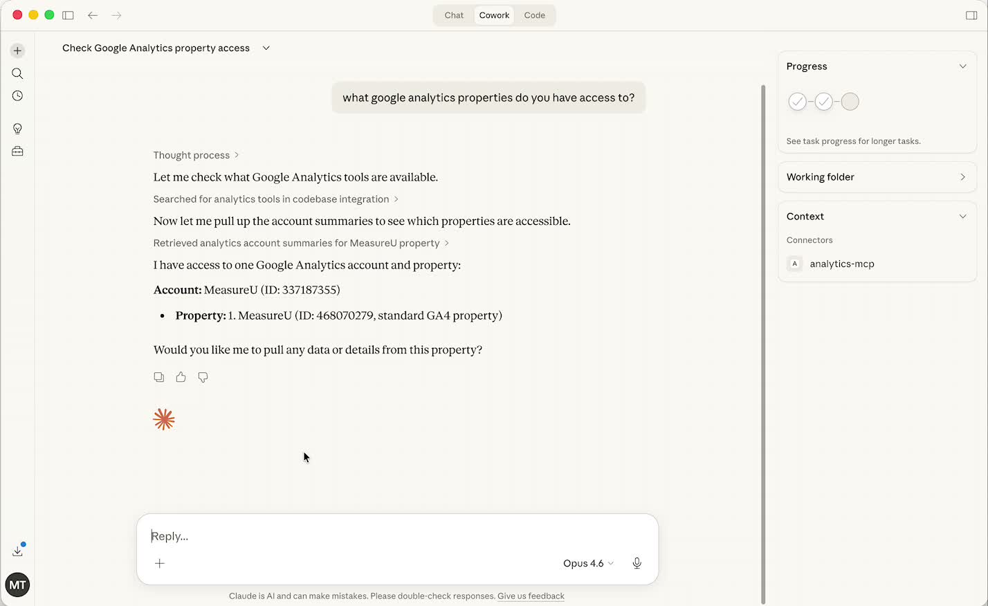 Claude Cowork confirming access to MeasureU GA4 property after first prompt